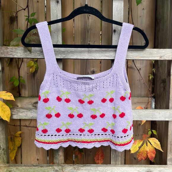 Zara Knit Cherry Print Crop Top - Picture 2 of 4